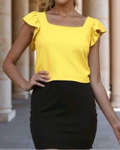 Shein fitted square nevk Yellow Ruffle Sleeve Top