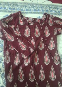 Maroon Printed Cotton Kurta tie neck