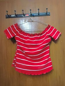 Red stripped off shoulder Ribbed top