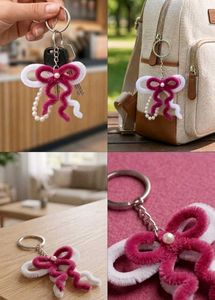 Pink &amp; White Bow Handmade Keychain with Pearls