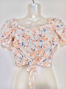 Floral Tie-Front Puff Sleeve Crop Top