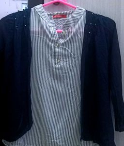 Stylish Striped Top with Embellished Cardigan