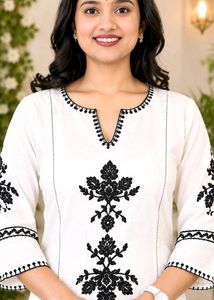 Elegant White Kurta with Black Embroidery_M
