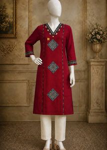 Brand New Maroon Modal Silk Kurti | Ajrak Print wi