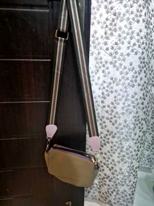 Trendy Tan Crossbody Sling Bag with Striped Strap