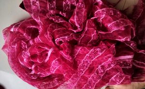 Rani Pink Tulle Dupatta with Lace Work and Fringe