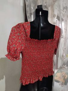 Red Floral Smocked Square Neck Top