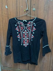 Embroidered Black Bell Sleeve Kurti