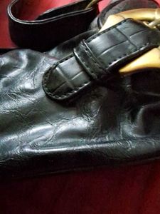 Black leather Shoulder Bag with Gold Buckle
