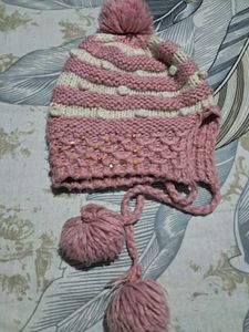 Cute Pink Striped Knit Beanie with Pom-Poms