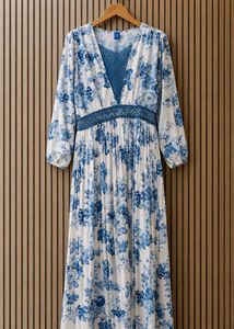 Blue Floral Maxi Dress – Elegant Long Sleeve Dres