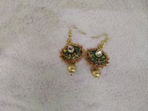 Beautiful, Pretty, Cute, Green Colour, Red Colour, Golden Colour, Moti, Diamond Earrings