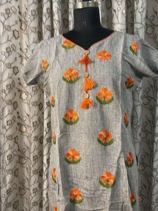 Gray Embroidered Kurta with Orange Floral Detail