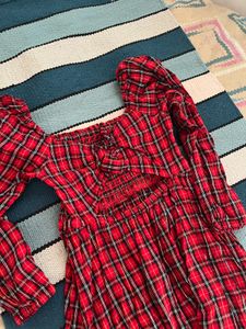 Red Plaid Smocked Square Neck Dress