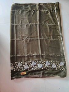 Embroidered Olive Green Saree white blouse