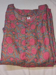 Grey &amp; Pink Floral Print Kurta