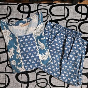 Blue Floral Print Kurta with Pants Set