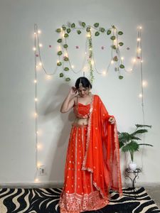 Vibrant Orange Sequin Lehenga Choli(semi stitched)