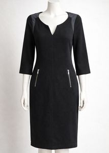 PROMOD Chic Black V-Neck Dress with Zipper Pockets