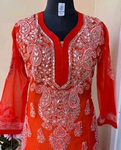 Red Chikankari Kurti Set With Sharara