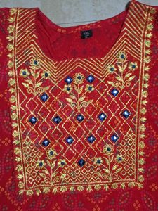 Embroidered Red Bandhani Kurta