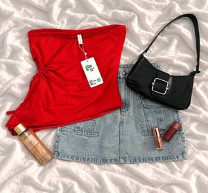 Chic Red Strapless Ruched Top