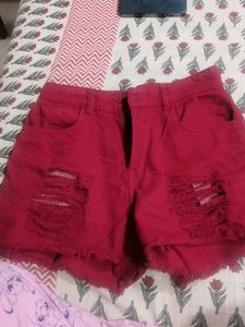 Red Distressed Denim Shorts