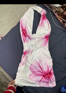 Floral Halter Neck Ruched Mini Dress