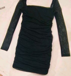 Chic Black Ruchedbodyccorn  Mesh Dress