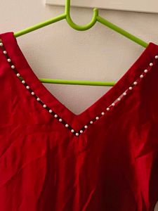 Red Kurta with Pearl Detail