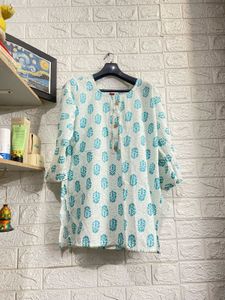 White & Teal Printed Cotton Kurta