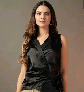 Sleek Black Satin Wrap Top