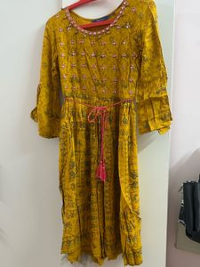 SALE - Yellow Printed Kurta with Mirror Work