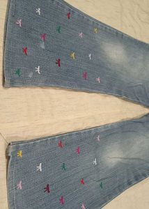 Wide Leg Jeans with  Multicolor Bow Embroidery