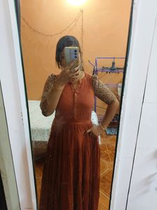 Rust Ajrakh Puff Sleeve Gown