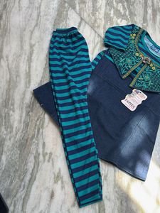 Girls Teal Blue Striped Kurta with Denim Skirt