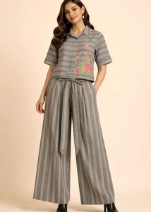 Striped Palazzo Set with Floral Embroidery