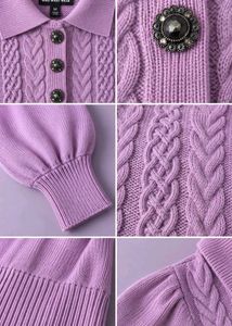 LILAC CABLE KNIT COLLARED SWEATER WITH PUFF SLEEVE