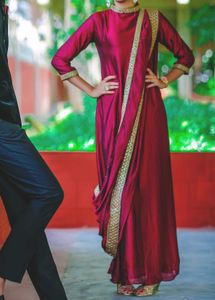 Magenta Drape Gown with Gold Detail
