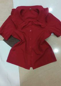 Chic Red Ruffled Collar Blouse