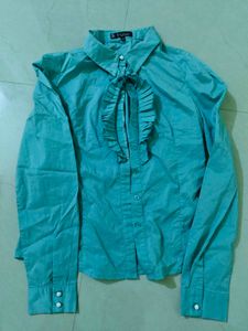 Chic Teal Ruffle Front Button-Up Shirt