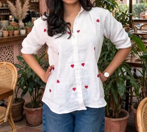 White Shirt with Red Heart Embroidery
