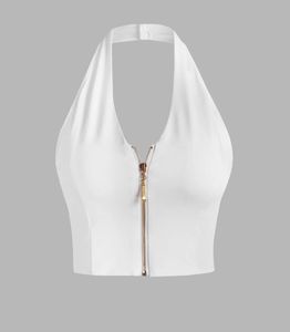 Stylish White Halter Neck Zip Crop Top