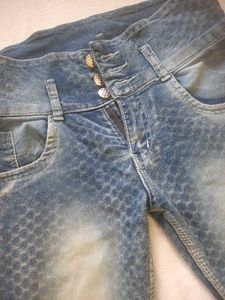 High-Waist Textured Slim Fit Blue Jeans