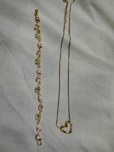 Gold Tone Bracelet and Heart Necklace Set