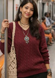 🧶 Burgundy Cable Knit V-Neck Sweater 🧶