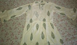 Cream Kurta with Green Leaf Print