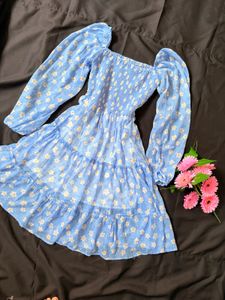 Blue Floral Tiered Midi Dress