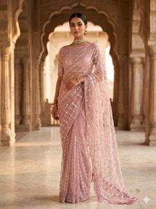 Elegant Sequined Pink Saree With Unstiched Blouse