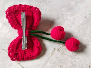 Red Crochet Bow Hair Clip with Cherries